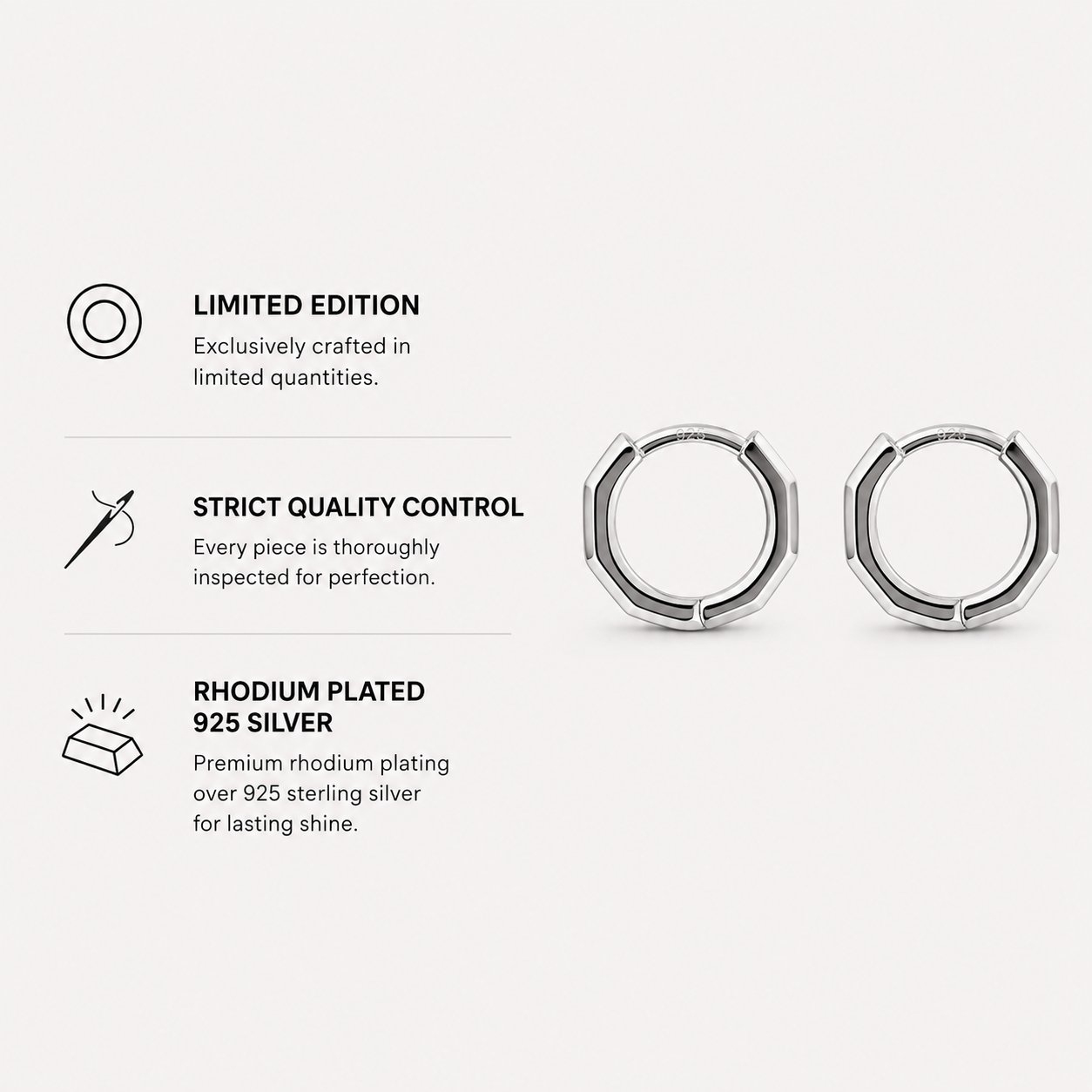 Berlo Heritage — 925 Silver Rhodium Geometric Huggie Earrings