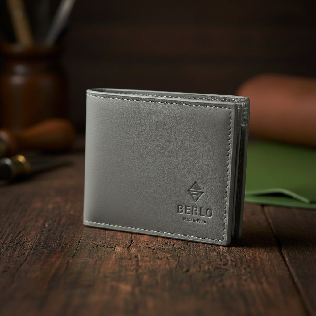 Berlo cactus-leather wallet presented as a premium object under soft, directional light.