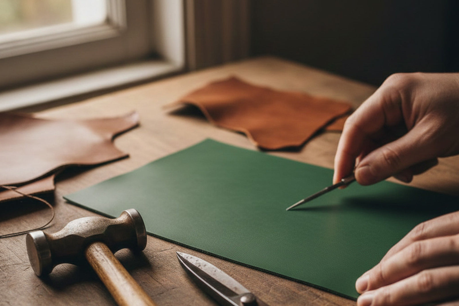 Elegant macro shot of premium cactus leather beside traditional leather tools. Old methods vs new materials.