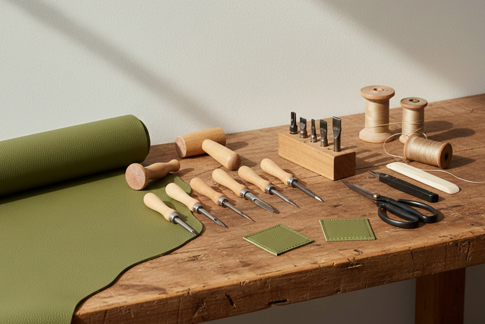 Cactus-leather material placed beside Spanish artisan tools against a neutral editorial backdrop.