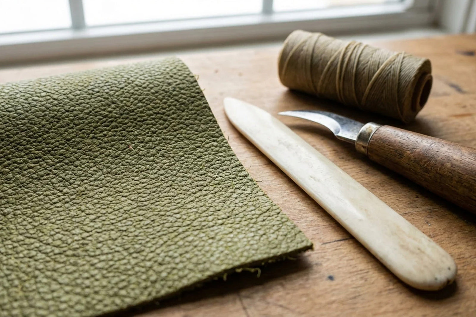 Close-up macro of cactus leather texture beside traditional artisan tools.