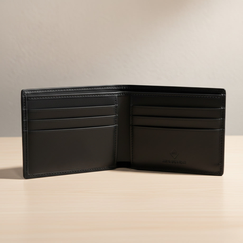 The wallet opened flat. Close-up on the card slots and the clean, reinforced lining showing the 'Handcrafted in Spain' stamp.