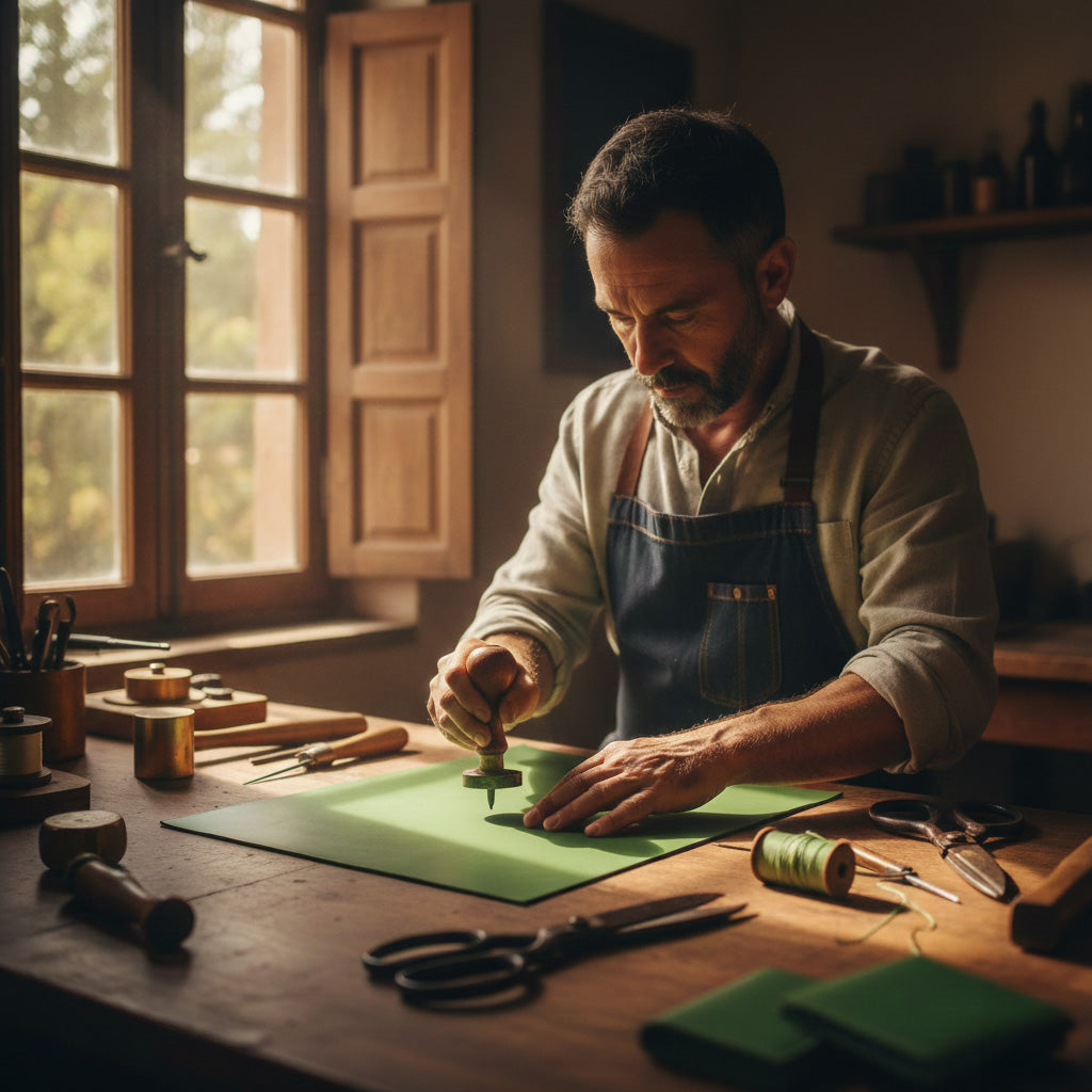 Spanish craftsman hand-finishing a plant-based material with traditional tools.