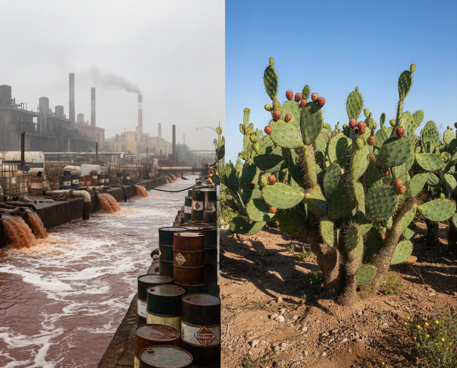 Left: leather tanning chemicals and water use. Right: cactus cultivation under natural conditions.