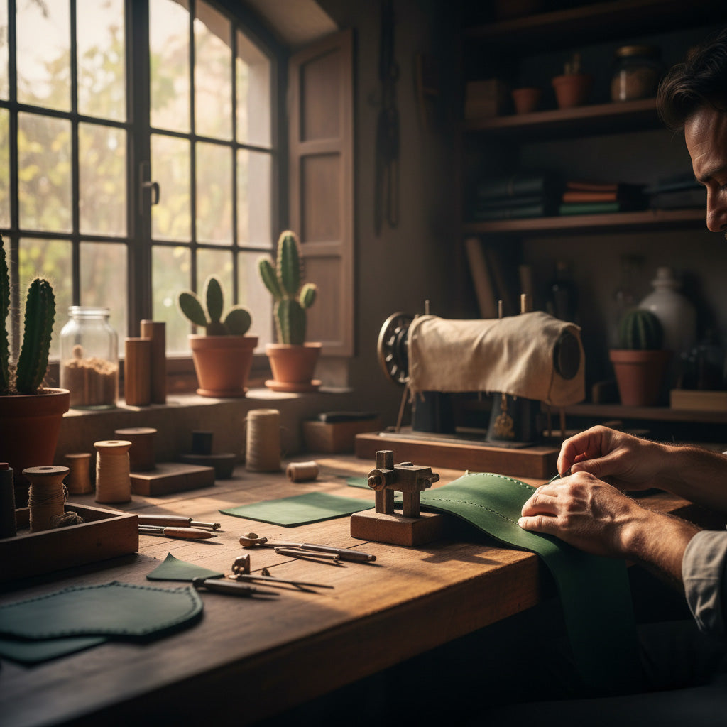 Hands stitching cactus leather in a clean Spanish workshop.