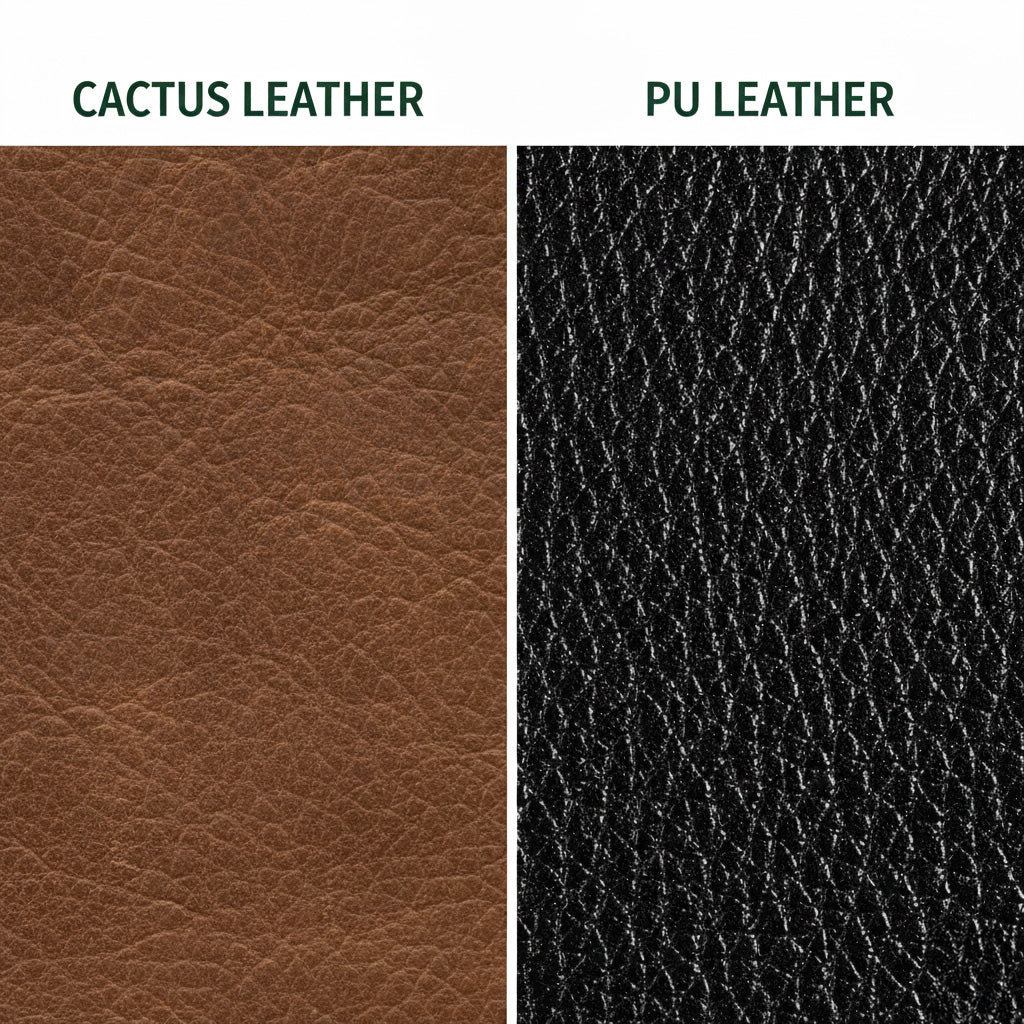 Macro comparison: matte cactus leather vs glossy PU surface.