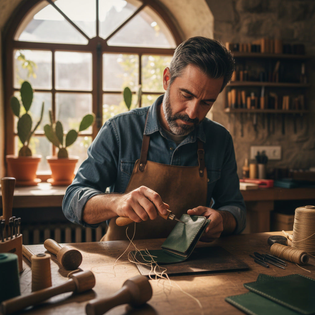 Spanish craftsman hand-finishing cactus leather.