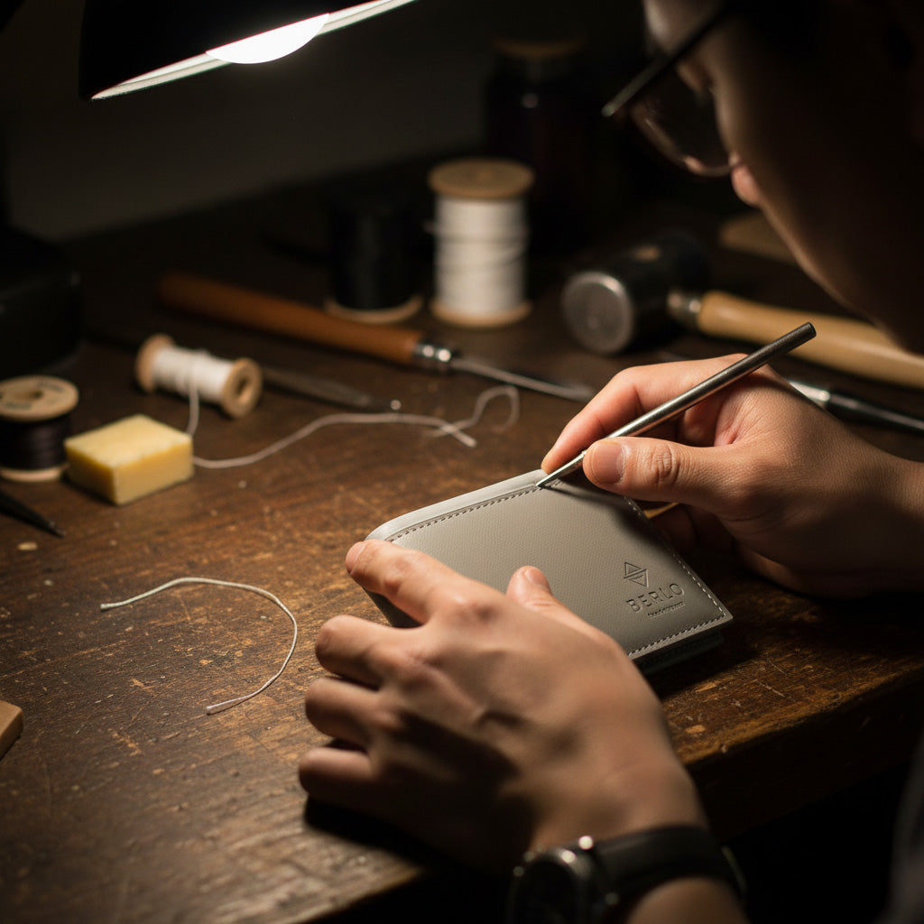 Craftsman finishing edges and stitching seams by hand.