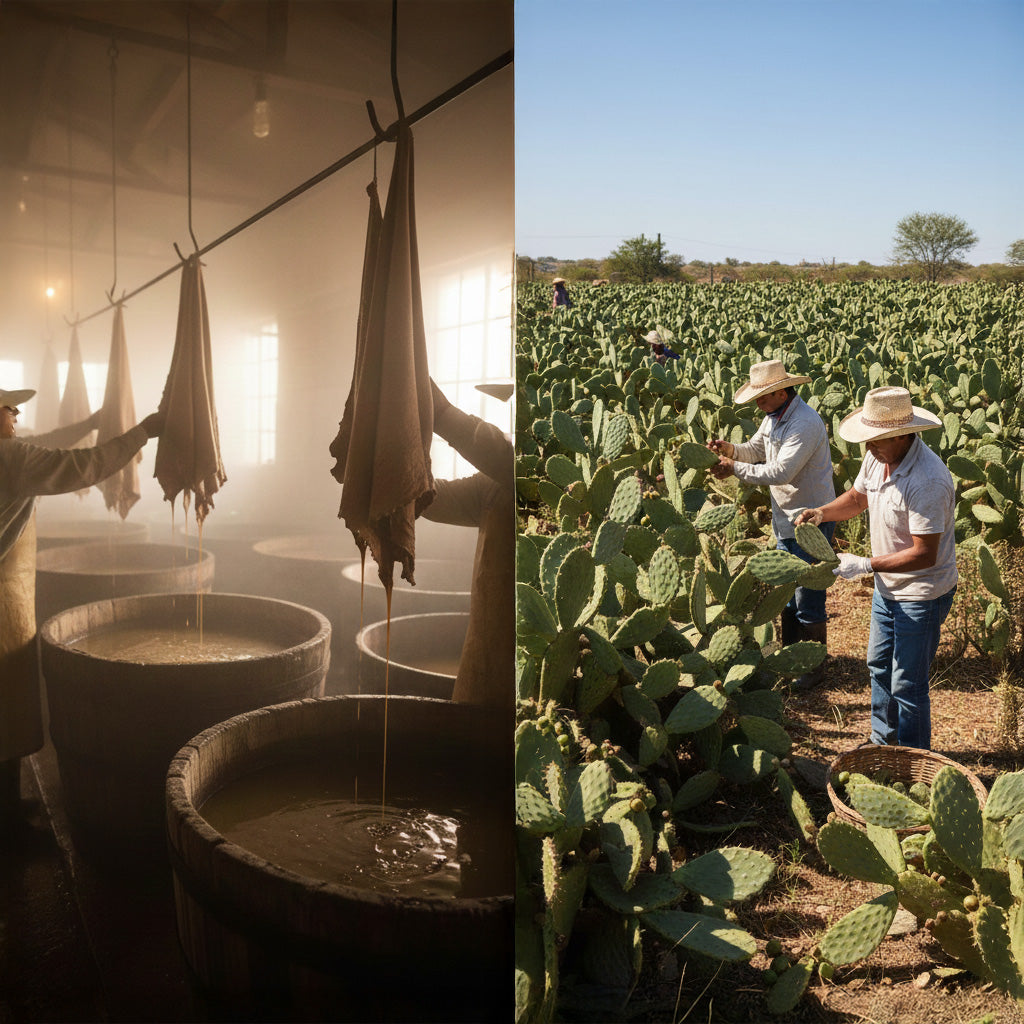 Left: traditional leather tanning vats. Right: plant-based material harvesting under natural light.