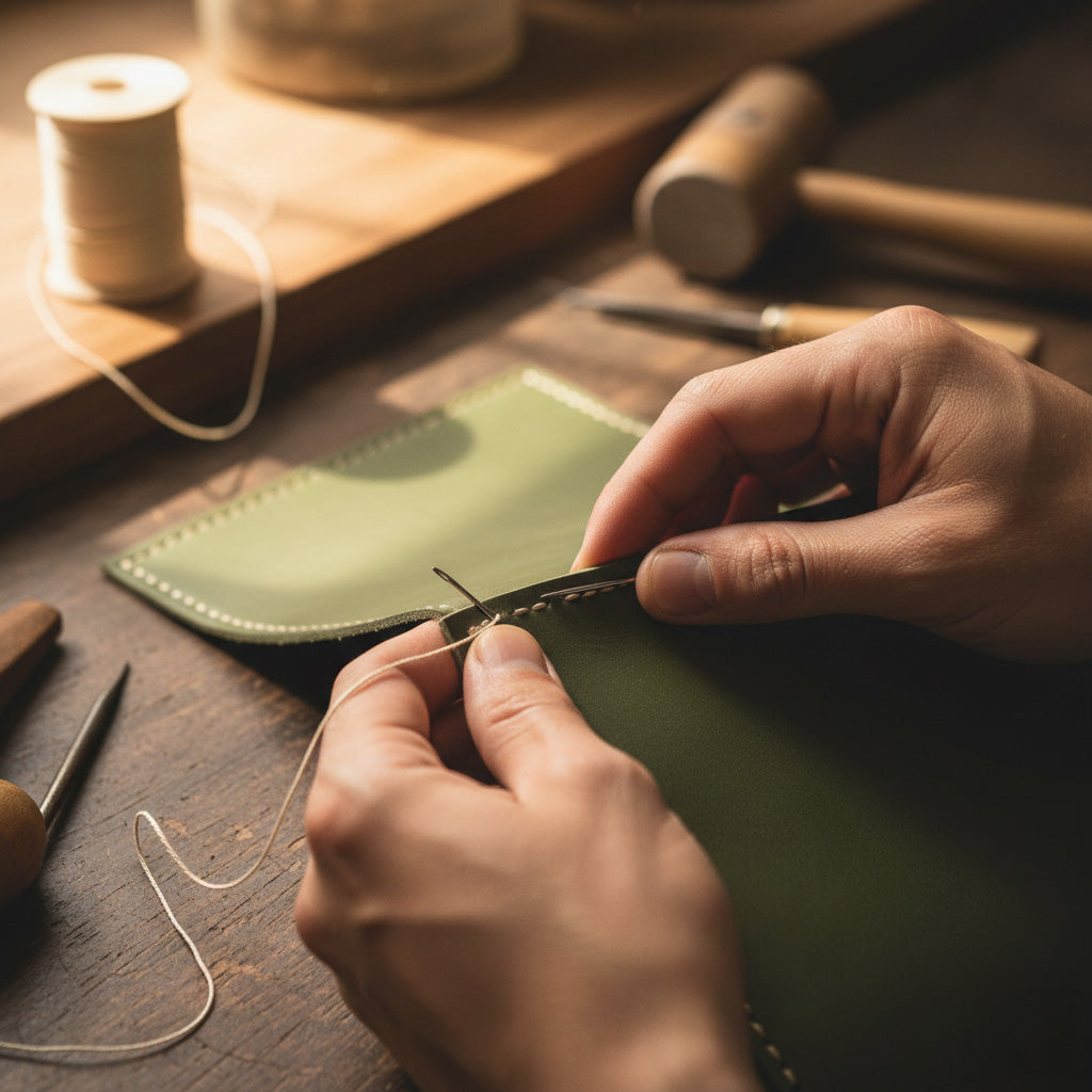 Cactus leather pieces alongside hand tools and natural materials.