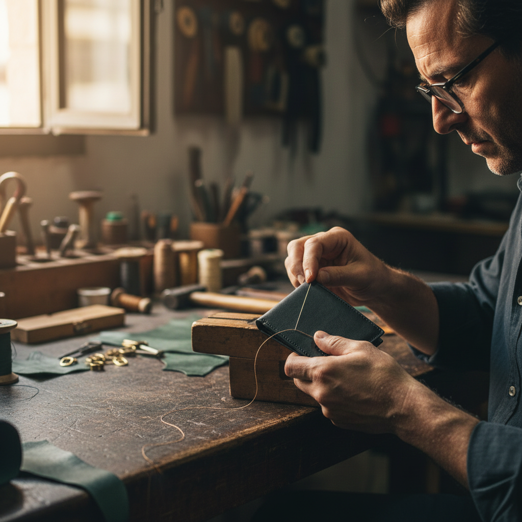 Spanish craftsman stitching cactus leather under warm workshop lighting.