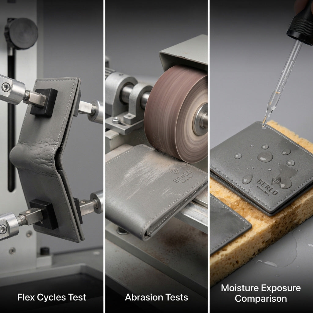 Flex cycles, abrasion tests, moisture exposure comparison.