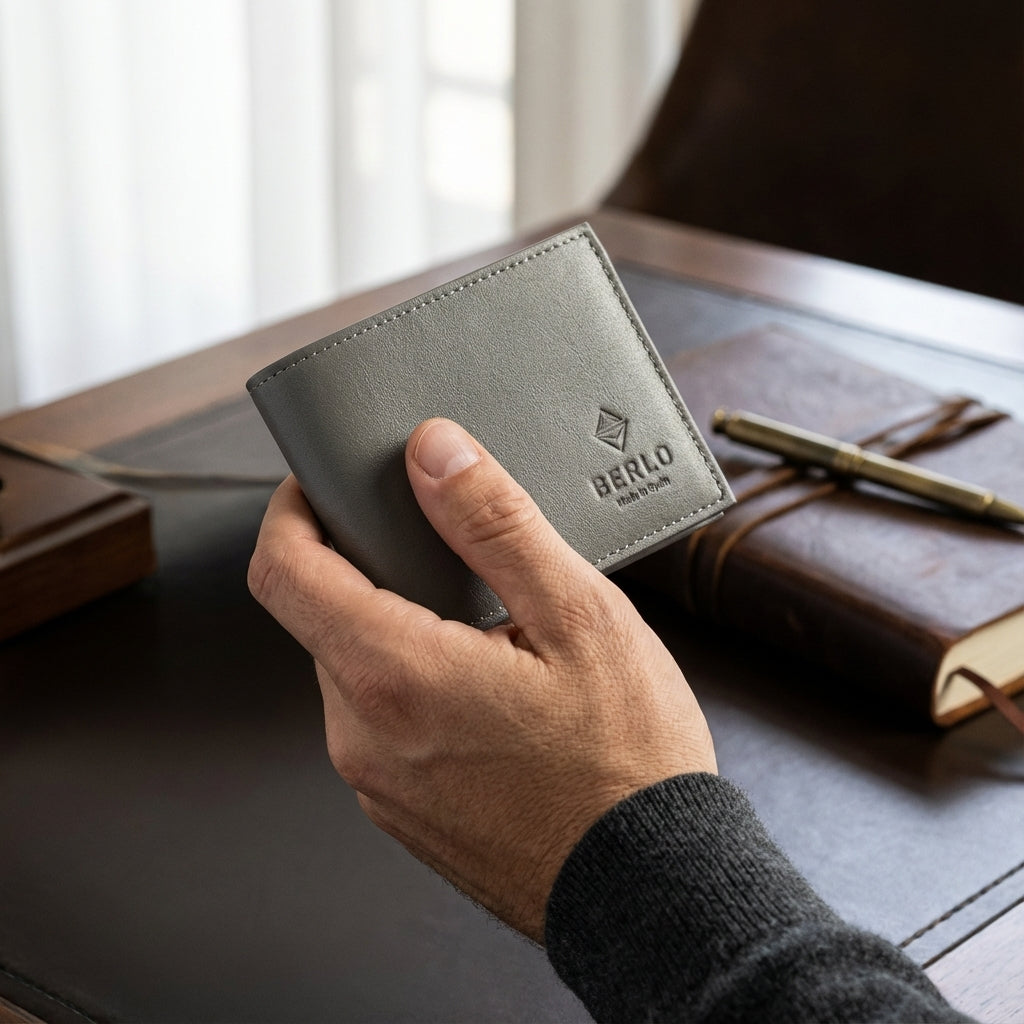 Wallet in hand, on desk, in jacket pocket — understated luxury.
