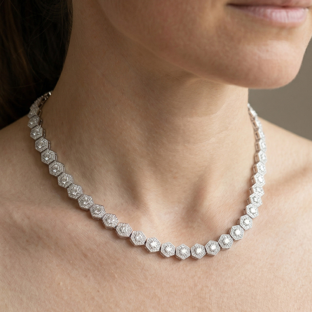 Berlo Heritage — 925 Silver Rhodium Moissanite Geometric Tennis Necklace