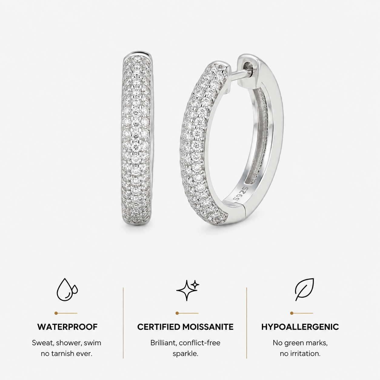 Berlo Heritage — 925 Silver Rhodium Moissanite Hoop Earrings