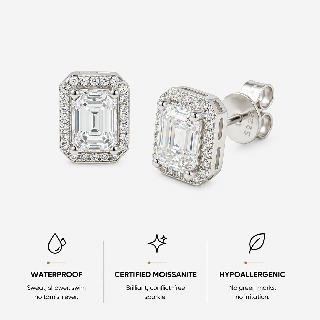 Berlo Heritage — 925 Silver Rhodium Baguette Moissanite Stud Earrings